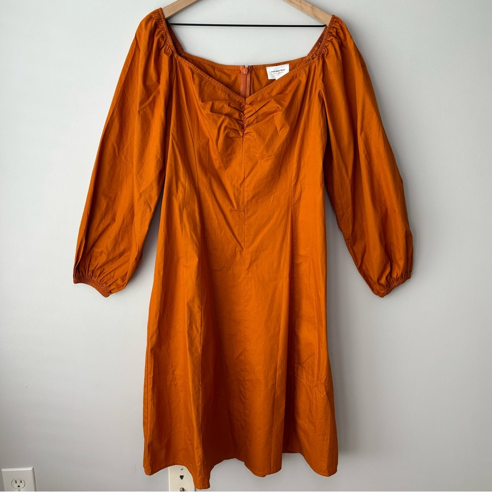 Who What Wear Ruched Dress Medium Peasant Puff Cottage Fairy Midi Orange Boho - Picture 1 of 11
